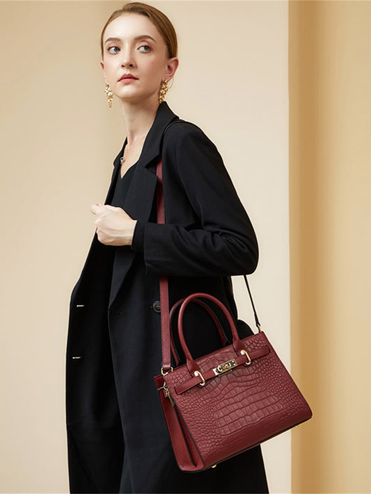VALERIA Croc-Embossed Leather Top Handle Bag
