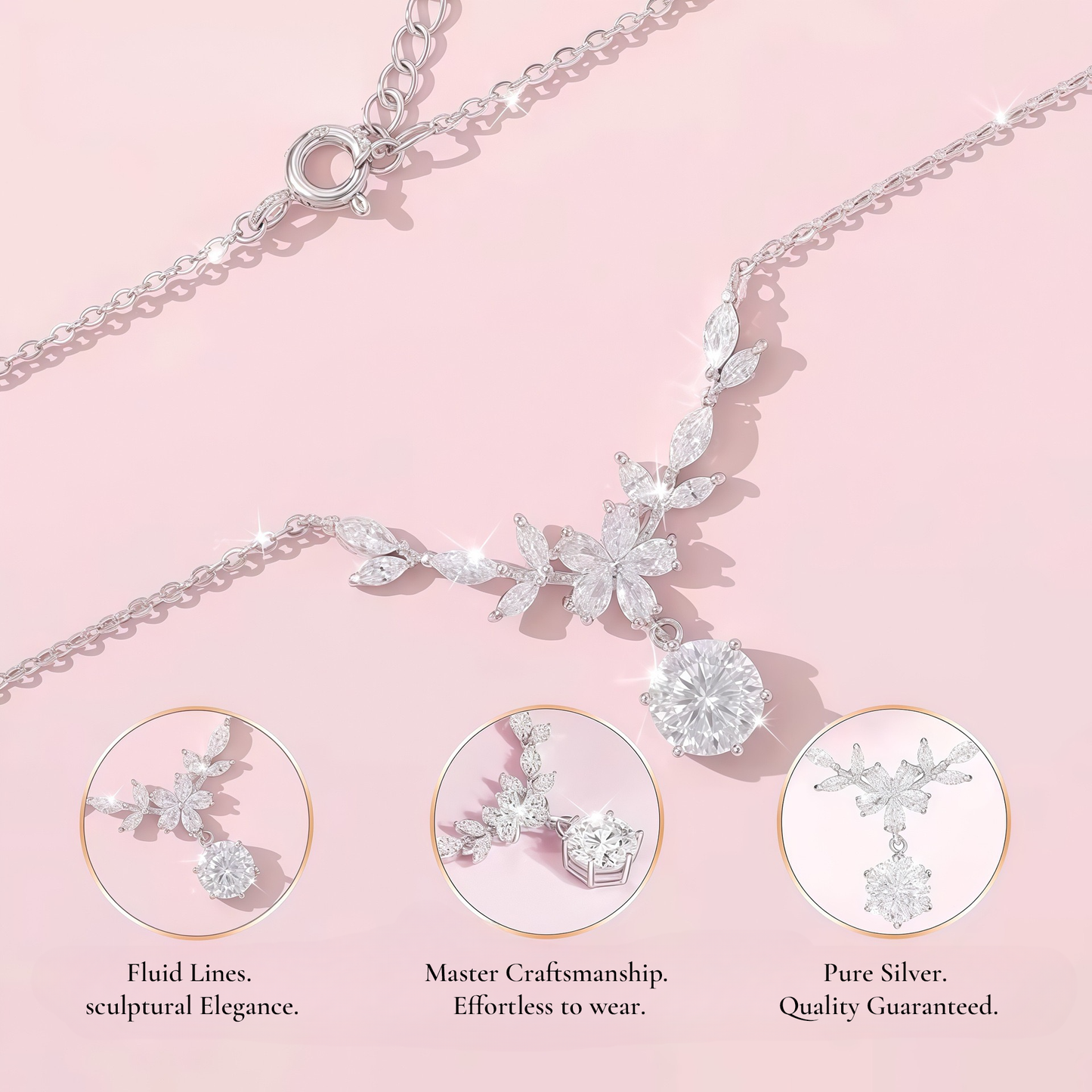 FLORVEIL Pure Silver Floral Drop Necklace
