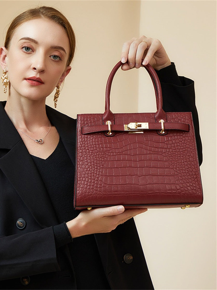 VALERIA Croc-Embossed Leather Top Handle Bag