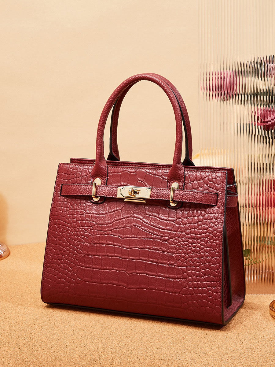 VALERIA Croc-Embossed Leather Top Handle Bag