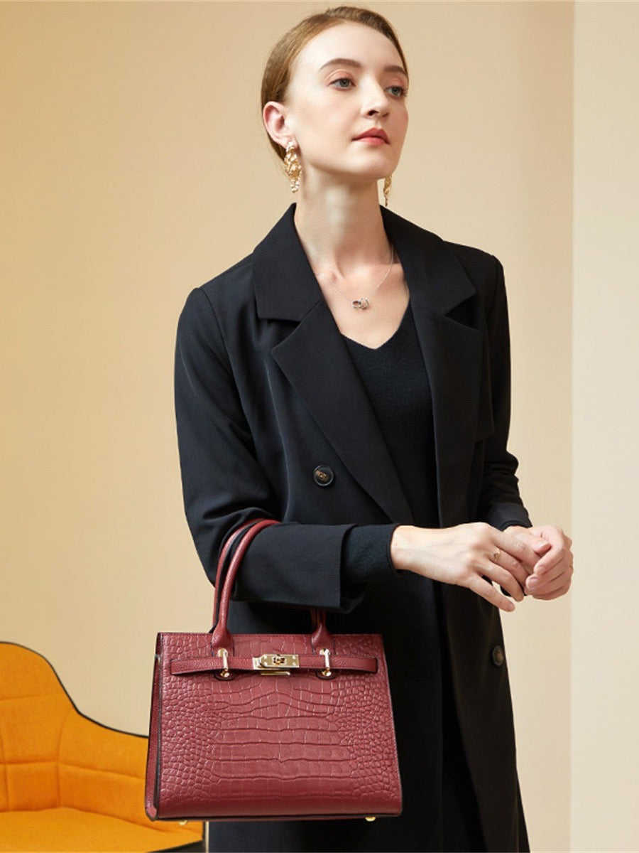 VALERIA Croc-Embossed Leather Top Handle Bag