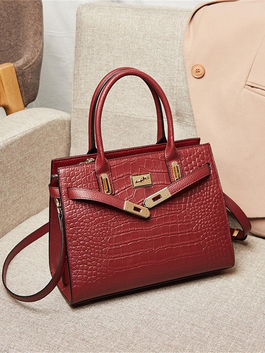 VALERIA Croc-Embossed Leather Top Handle Bag