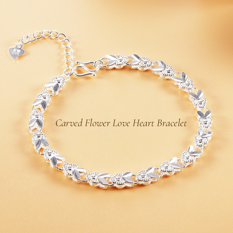 FLORINNA Pure Silver Flower Heart Bracelet