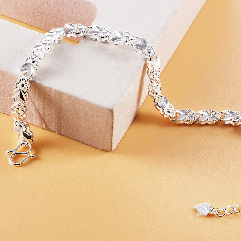 FLORINNA Pure Silver Flower Heart Bracelet