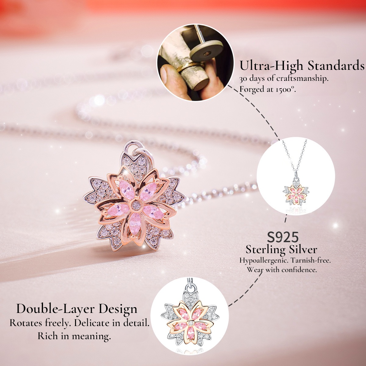 FLORAVIA Double-Layer Silver Sakura Necklace
